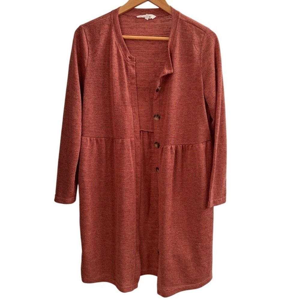 Amaryllis Long Cardigan M Rust Button‎ Pockets Marled Babydoll Duster Boho Work
